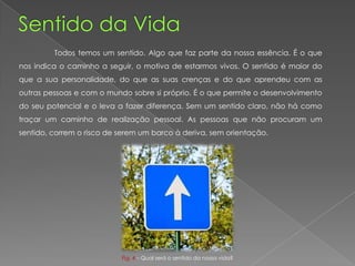 Fig. 4 – Qual será o sentido da nossa vida?
Todos temos um sentido. Algo que faz parte da nossa essência. É o que
nos indica o caminho a seguir, o motiva de estarmos vivos. O sentido é maior do
que a sua personalidade, do que as suas crenças e do que aprendeu com as
outras pessoas e com o mundo sobre si próprio. É o que permite o desenvolvimento
do seu potencial e o leva a fazer diferença. Sem um sentido claro, não há como
traçar um caminho de realização pessoal. As pessoas que não procuram um
sentido, correm o risco de serem um barco à deriva, sem orientação.
 