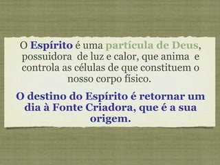 O  Espírito  é uma  partícula de Deus , possuidora  de luz e calor, que anima  e controla as células de que constituem o nosso corpo físico.  O destino do Espírito é retornar um dia à Fonte Criadora, que é a sua origem. 