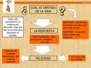 Marian Calvo CUAL ES SENTIDO DE LA VIDA LA RESPUESTA FELICIDAD SENTIDO = significado, el porqué y el para qué de lo que ocurre. SENTIDO = Dirección, hacia dónde nos dirigimos. Dará significado, valor, orientación y finalidad  a la vida Cada vida personal es un enigma por descubrir. Hay que leer en la vida para descubrir su sentido = Vivir una vida con sentido Depende de nuestras elecciones y de nuestras opciones 