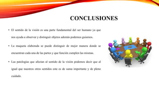 CONCLUSIONES
• El sentido de la visión es una parte fundamental del ser humano ya que
nos ayuda a observar y distinguir objetos además podemos guiarnos.
• La maqueta elaborada se puede distinguir de mejor manera donde se
encuentran cada una de las partes y que función cumplen las mismas.
• Las patologías que afectan al sentido de la visión podemos decir que al
igual que nuestros otros sentidos este es de suma importante y de pleno
cuidado.
 