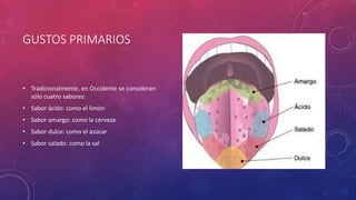 GUSTOS PRIMARIOS
• Tradicionalmente, en Occidente se consideran
sólo cuatro sabores:
• Sabor ácido: como el limón
• Sabor amargo: como la cerveza
• Sabor dulce: como el azúcar
• Sabor salado: como la sal
 