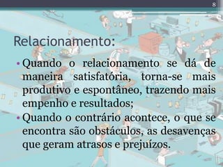 Relacionamento:
• Quando o relacionamento se dá de
maneira satisfatória, torna-se mais
produtivo e espontâneo, trazendo mais
empenho e resultados;
• Quando o contrário acontece, o que se
encontra são obstáculos, as desavenças
que geram atrasos e prejuízos.
8
 