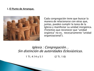 I. El Punto de Arranque.



                                   Cada congregación tiene que buscar la
                                   manera de relacionarse con otras que,
                                   juntas, pueden cumplir la tarea de la
                                   Iglesia y manifestar su unidad inorgánica.
                                   (Tenemos que reconocer que “unidad
                                   orgánica” no es, necesariamente “unidad
                                   organizacional”).




                   Iglesia : Congregación…
         Sin distinción de autoridades Eclesiásticas.
                1 Ti. 4:14 y 5:1            (2 Ti. 1:6)
 