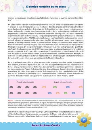 El sentido numérico de los bebés
mentes son evaluadas sin palabras, sus habilidades numéricas se vuelven claramente eviden-
tes.1
En 1967 Mehler y Bever3
realizaron experimentos con 200 niños con edades entre 2 hasta los
4 años en el cual demostraron que los resultados de estas pruebas cambian radicalmente de
acuerdo al contexto y al nivel de motivación de los niños. Los niños fueron evaluados en se-
siones individuales con dos experimentos que involucraba la estimación de cantidades. Cada
experimento utilizo dos pares de filas como las mostradas en la figura 4. Una de las secuencias
experimentales para cada niño estaba compuesto por píldoras grises mientras que la otra estu-
vo compuesta por dulces M&M (caramelos bañados en chocolate), En cada secuencia experi-
mental, primero se les presentaba a los niños con filas adyacentes de cuatro, como en primera
figura y se les preguntaba si tenían “la misma cantidad”. Luego el experimentador modificaba la
fila como en la situación de la figura 2 en el cual se coloca una fila corta de seis debajo de una
fila larga de cuatro. En el experimento con píldoras grises, al niño se le preguntaba que fila te-
nía “más”. En el experimento con M&M las respuestas a la primera situación era no verbal: en
vez de preguntarle al niño que hiciera una estimación cuantitativa, el experimentador le pedía
que “escogiera la fila que deseaba comer, y que se comiera todos los M&M de esa fila”. Este proce-
dimiento tenía la ventaja de evitar las incomprensiones en el lenguaje y además incrementaba
la motivación en los niños para que escogieran la fila con más dulces.
En el experimento con píldoras grises, cuando se les preguntaba cuál de las dos filas contenía
más píldoras, la mayoría de los niños de 3 y 4 años escogían la fila equivocada y seleccionaban
la más larga y menos numerosa de las filas. Esto concordaba con los experimentos clásicos de
no conservación de Piaget. En la segunda serie de pruebas con dulces M&M, sin embargo, la
mayoría de los niños selecciono el mayor de los números, incluso cuando la longitud de las
filas estaba en conflicto (la fila más corta contenía la mayor cantidad de dulces). Esto era una
evidente demostración de las capacidades numéricas de los niños de corta edad.3
Antes de la transformación Después de la transformación
Figura 4. Cuando dos filas de elementos están en perfecta correspondencia uno a uno (izquierda) los niños de tres años de
edad establecen que son iguales. Si se transforma la fila inferior, acortándolo y añadiéndoles dos nuevos elementos (derecha),
los niños afirman que la fila superior tiene más elementos. Este es el clásico error descubierto por Piaget: los niños responden
base a la longitud antes que al número. Sin embargo, cuando las filas están formadas por dulces M&Ms, los niños espontánea-
mente escogen la fila inferior. Tomado de Mehler y Bever, (1967)3
Por otro lado, los investigadores McGarrigle y Donaldson4
han evaluado la hipótesis de que
el fallo de los niños en las pruebas de conservación de Piaget está relacionado con una
falta de comprensión sobre las verdaderas intenciones del experimentador por parte
Rubén Espinoza Condor
9
,
 