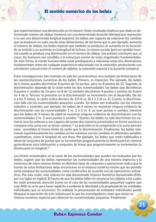 El sentido numérico de los bebés
que experimentaron una disminución en el número. Estos resultados implican que dado un de-
terminado número de silabas (número) con una determinada duración (tiempo) que representa
a su vez una determinada longitud (espacio), los bebes son capaces de relacionar los cambios
que se producen en cada una de estas dimensiones, de tal forma que si, por ejemplo, aumenta
el número de silabas, los bebes esperan que también se produzca un aumento en la duración
de su emisión y un aumento en la longitud de la línea. Lo mismo sucede (pero en sentido inver-
so) cuando se produce una disminución en el número de silabas. Los autores concluyen que, al
nacer, los humanos son sensibles a la estructura común de estas magnitudes fundamentales.
De esta forma, la mente humana debe estar predispuesta a relacionar estas tres dimensiones
fundamentales antes de cualquier experiencia relacionada con la extensión, produciendo una
correlación natural entre el número de objetos, la extensión espacial y la duración temporal.
Estas investigaciones han revelado no solo las características sino también las limitaciones de
las representaciones numéricas de los bebés. Primero, es impreciso. Por ejemplo, los bebés
de 6 meses pueden discriminar 8 puntos de 16 puntos, pero no 8 puntos de 12. Segundo, la
discriminación depende de la razón entre las dos numerosidades: los bebes que discriminan
8 puntos o sonidos de 16 pero no 8 de 12 también discriminan 4 puntos o sonidos de 8 pero
no 4 de 6. Tercero: la precisión en la discriminación se incrementa con el desarrollo. De los
6 a los 9 meses, la razón critica decrece de 2.0 (4 vs. 8) a 1.5 (4 vs. 6). Cuarto, la discrimina-
ción falla con las numerosidades pequeñas cuando los bebes son evaluados con los mismos
métodos o controles, por ejemplo, los bebes de 6 meses no muestran ninguna evidencia de
discriminación con las numerosidades 1 vs. 2 o 2 vs. 4, ya sean puntos o sonidos: mientras
que los bebes de 9 meses de edad no muestran ninguna evidencia de discriminación con las
numerosidades 2 vs. 3 sean puntos o sonidos.17
Quinto, los bebés no solo discriminan los nú-
meros sino los ordenan y son capaces de sumar dos números presentados en forma sucesiva y
comparar esta suma con un tercer número.18
La precisión en la comparación y la suma parecen
estar sometidos al mismo límite de razón que la discriminación. Finalmente, los bebés rela-
cionan espontáneamente los cambios en los números con los cambios en diferentes variables
cuantitativas, como la longitud de una línea. Por ejemplo, los bebes que están habituados a
observar conjuntos de puntos que se incrementan progresivamente (o disminuyen) en número
generalizaran esta habituación a conjuntos de líneas que progresivamente se incrementan (o
disminuyen) en longitud.15
Los limites encontrados en la razón de las numerosidades que pueden ser evaluados por los
bebés, sugiere que los bebes representan las numerosidades de una manera imprecisa y la
existencia de estos mismos limites en distintos tipos de conjuntos y operaciones indica que la
fuente de estas limitaciones debe encontrarse en el sistema numérico mismo que les permite
tanto comparar las numerosidades como combinarlos de acuerdo con las operaciones aritmé-
ticas. Por esta razón, este sistema ha sido denominado Sistema Numérico Aproximado (ANS,
por sus siglas en inglés)). El hecho de que los bebés fallen en enumerar los objetos a los cuales
les están prestando atención (como en el caso de las numerosidades pequeñas) sugiere que
este ANS no sirve para hacer explicita o evidente la identidad o la propiedad de las entidades
individuales que se enumeran. En realidad, la presentación de entidades individuales puede
bloquear la operación de este sistema por lo que los investigadores creen que existe un
sistema numérico especial para detectar las numerosidades pequeñas. Finalmente,
Rubén Espinoza Condor
21
,
 