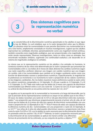 El sentido numérico de los bebés
Dos sistemas cognitivos para
la representación numérica
no verbal
3
U
na característica de la discriminación numérica aproximada en los adultos es que sigue
la Ley de Weber, la cual establece que es la razón (proporción) antes que la diferen-
cia absoluta entre las numerosidades la que permite discriminar una numerosidad de la
otra. Este hecho, ampliamente constatado en muchas investigaciones, sugiere que los adultos
representan las cantidades discretas aproximadamente como una magnitud mental continua,
también conocida como magnitudes analógicas, que son proporcionales a las magnitudes que
están siendo representadas. Diversas investigaciones, tanto en niños como en animales, han
encontrado resultados similares, sugiriendo una continuidad evolutiva y de desarrollo en el
sistema de magnitudes analógicas no verbales.
Lo mismo que en la representación numérica en los adultos y los animales no humanos, la
conducta numérica de los niños está determinado por la razón o proporción que presentan las
numerosidades entre sí. Los bebes de 6 meses de edad, detectan los cambios numéricos según
una razón especifica: prefieren observar una imagen con cambio numérico que una imagen
sin cambio, solo si las numerosidades que cambian en la imagen cambiante varían como una
función de determinadas razones o proporciones numéricas. Específicamente, la magnitud de
la preferencia se incrementa si se incrementa la razón o proporción de los valores numéricos
en las imágenes cambiantes. Así, los bebés muestran mayor preferencia cuando la razón entre
los valores numéricos comparados es 1:4 (ejemplo, 2 y 8) que cuando es 1:2 (ejemplo, 3 y 6)
o 1:3 (ejemplo, 3 y 9).21
Todo esto indica que los bebes de 6 meses son capaces de discriminar
numerosidades que difieren entre si con una razón de 1:2 pero no con 2:3, lo que sugiere que
su umbral de discriminación se encuentra entre las razones de 1:2 y 2:3.21
La agudeza en la percepción de la numerosidad se incrementa a lo largo del desarrollo, por lo
que la precisión de las representaciones numéricas es mayor en los adultos que en los niños.22
Al nacer, los bebes necesitan una razón de 1:3 (4 vs 12) para discriminar entre dos numerosi-
dades,23
una proporción que disminuye progresivamente durante el primer año de vida, de tal
forma que los bebes de 4-6 meses de vida son capaces de discriminar numerosidades con una
razón o proporción de 1:2 (Ejemplo,8 vs 16) 24,25
A los 9 meses de edad, son capaces de detectar
la diferencia numérica de dos numerosidades con una proporción o razón de 2:3 (ejemplo, 8
vs 12 )26,27
Los niños de 6 años de edad pueden discriminar razones o proporciones más finas
como la razón 5:6 (10 vs 12), y en la adultez la razón necesaria para la discriminación disminuye
en promedio entre las razones 7:8 y 9:10.28,29
Además, la razón o proporción necesaria para
la discriminación de las numerosidades se aplican de manera similar a las diferentes
formas de presentación de los estímulos, ya sea conjunto de puntos u objetos,30,25,11
Rubén Espinoza Condor
27
,
 