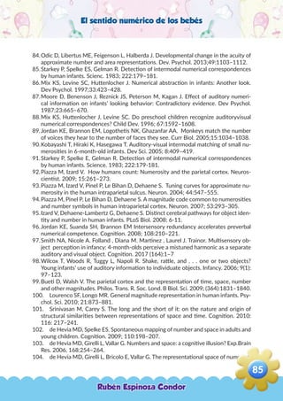 El sentido numérico de los bebés
84.	Odic D, Libertus ME, Feigenson L, Halberda J. Developmental change in the acuity of
approximate number and area representations. Dev. Psychol. 2013;49:1103–1112.
85.	Starkey P, Spelke ES, Gelman R. Detection of intermodal numerical correspondences
by human infants. Scienc. 1983; 222:179–181.
86.	Mix KS, Levine SC, Huttenlocher J. Numerical abstraction in infants: Another look.
Dev Psychol. 1997;33:423–428.
87.	Moore D, Benenson J, Reznick JS, Peterson M, Kagan J. Effect of auditory numeri-
cal information on infants’ looking behavior: Contradictory evidence. Dev Psychol.
1987;23:665–670.
88.	Mix KS, Huttenlocher J, Levine SC. Do preschool children recognize auditoryvisual
numerical correspondences? Child Dev. 1996; 67:1592–1608.
89.	Jordan KE, Brannon EM, Logothetis NK, Ghazanfar AA. Monkeys match the number
of voices they hear to the number of faces they see. Curr Biol. 2005;15:1034–1038.
90.	Kobayashi T, Hiraki K, Hasegawa T. Auditory-visual intermodal matching of small nu-
merosities in 6-month-old infants. Dev Sci. 2005; 8:409–419.
91.	Starkey P, Spelke E, Gelman R. Detection of intermodal numerical correspondences
by human infants. Science. 1983; 222:179-181.
92.	Piazza M, Izard V. How humans count: Numerosity and the parietal cortex. Neuros-
cientist. 2009; 15:261–273.
93.	Piazza M, Izard V, Pinel P, Le Bihan D, Dehaene S. Tuning curves for approximate nu-
merosity in the human intraparietal sulcus. Neuron. 2004; 44:547–555.
94.	Piazza M, Pinel P, Le Bihan D, Dehaene S. A magnitude code common to numerosities
and number symbols in human intraparietal cortex. Neuron. 2007; 53:293–305.
95.	Izard V, Dehaene-Lambertz G, Dehaene S. Distinct cerebral pathways for object iden-
tity and number in human infants. PLoS Biol. 2008; 6-11.
96.	Jordan KE, Suanda SH, Brannon EM Intersensory redundancy accelerates preverbal
numerical competence. Cognition. 2008; 108:210–221.
97.	Smith NA, Nicole A. Folland , Diana M. Martinez , Laurel J. Trainor. Multisensory ob-
ject perception in infancy: 4-month-olds perceive a mistuned harmonic as a separate
auditory and visual object. Cognition. 2017 (164):1–7
98.	Wilcox T, Woods R, Tuggy L, Napoli R. Shake, rattle, and . . . one or two objects?
Young infants’ use of auditory information to individuate objects. Infancy. 2006; 9(1):
97–123.
99.	Bueti D, Walsh V. The parietal cortex and the representation of time, space, number
and other magnitudes. Philos. Trans. R. Soc. Lond. B Biol. Sci. 2009; (364):1831–1840.
100.	 Lourenco SF, Longo MR. General magnitude representation in human infants. Psy-
chol. Sci. 2010; 21:873–881.
101.	 Srinivasan M, Carey S. The long and the short of it: on the nature and origin of
structural similarities between representations of space and time. Cognition. 2010:
116: 217–241.
102.	 de Hevia MD, Spelke ES. Spontaneous mapping of number and space in adults and
young children. Cognition. 2009; 110:198–207.
103.	 de Hevia MD, Girelli L, Vallar G. Numbers and space: a cognitive illusion? Exp.Brain
Res. 2006, 168:254–264.
104.	 de Hevia MD, Girelli L, Bricolo E, Vallar G. The representational space of numerical
Rubén Espinoza Condor
85
,
 