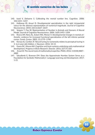 El sentido numérico de los bebés
140.	 Izard V, Dehaene S. Calibrating the mental number line. Cognition. 2008;
106:1221–1247.
141.	 Holloway ID, Ansari D. Developmental specialization in the right intraparietal
sulcus for the abstract representation of numerical magnitude. Journal of Cognitive
Neuroscience. 2010; 22(11):2627–2637.
142.	 Verguts T, Fias W. Representation of Number in Animals and Humans: A Neural
Model. Journal of Cognitive Neuroscience. 2004; 16(9):1493–1504
143.	 Rivera SM, Reiss AL, Eckert MA, Menon V. Developmental changes in mental ari-
thmetic: evidence for increased functional specialization of the left inferior parietal
cortex. Cereb. Cortex. 2005; 15:1779–1790.
144.	 Kersey AJ, Cantlon JF. Neural tuning to numerosity relates to perceptual tuning in
3- to 6-year-old children. J. Neurosci. 2016: 10-15
145.	 Geary DC, Moore AM. Cognitive and brain systems underlying early mathematical
development. Progress in Brain Research. Elsevier. 2016; 227:75-103
146.	 Ansari D.The neural roots of mathematical expertise. PNAS. 2016; 113(18):4887–
4889
147.	 Szkudlarek E, Brannon EM. Does the Approximate Number System Serve as a
Foundation for Symbolic Mathematics?. Language Learning and Development. 2017:
1-21
Rubén Espinoza Condor
88
,
 