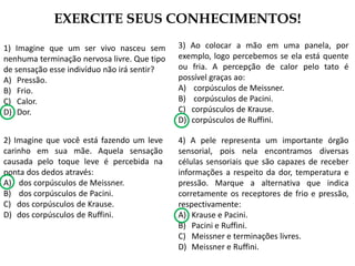 EXERCITE SEUS CONHECIMENTOS!
1) Imagine que um ser vivo nasceu sem
nenhuma terminação nervosa livre. Que tipo
de sensação esse indivíduo não irá sentir?
A) Pressão.
B) Frio.
C) Calor.
D) Dor.
2) Imagine que você está fazendo um leve
carinho em sua mãe. Aquela sensação
causada pelo toque leve é percebida na
ponta dos dedos através:
A) dos corpúsculos de Meissner.
B) dos corpúsculos de Pacini.
C) dos corpúsculos de Krause.
D) dos corpúsculos de Ruffini.
3) Ao colocar a mão em uma panela, por
exemplo, logo percebemos se ela está quente
ou fria. A percepção de calor pelo tato é
possível graças ao:
A) corpúsculos de Meissner.
B) corpúsculos de Pacini.
C) corpúsculos de Krause.
D) corpúsculos de Ruffini.
4) A pele representa um importante órgão
sensorial, pois nela encontramos diversas
células sensoriais que são capazes de receber
informações a respeito da dor, temperatura e
pressão. Marque a alternativa que indica
corretamente os receptores de frio e pressão,
respectivamente:
A) Krause e Pacini.
B) Pacini e Ruffini.
C) Meissner e terminações livres.
D) Meissner e Ruffini.
 