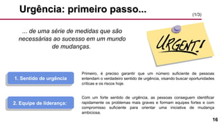 16
Urgência: primeiro passo...Urgência: primeiro passo...
... de uma série de medidas que são
necessárias ao sucesso em um mundo
de mudanças.
1. Sentido de urgência
Primeiro, é preciso garantir que um número suficiente de pessoas
entendam o verdadeiro sentido de urgência, visando buscar oportunidades
críticas e os riscos hoje.
Com um forte sentido de urgência, as pessoas conseguem identificar
rapidamente os problemas mais graves e formam equipes fortes e com
compromisso suficiente para orientar uma iniciativa de mudança
ambiciosa.
2. Equipe de liderança:
(1/3)
 