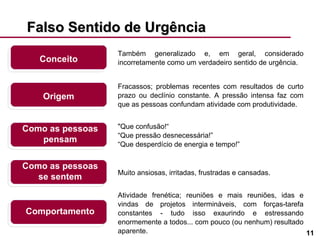 Falso Sentido de Urgência Conceito Origem Como as pessoas pensam Como as pessoas se sentem Também generalizado e, em geral, considerado incorretamente como um verdadeiro sentido de urgência. Fracassos; problemas recentes com resultados de curto prazo ou declínio constante. A pressão intensa faz com que as pessoas confundam atividade com produtividade. "Que confusão!“ “ Que pressão desnecessária!” “ Que desperdício de energia e tempo!”  Muito ansiosas, irritadas, frustradas e cansadas. Atividade frenética; reuniões e mais reuniões, idas e vindas de projetos intermináveis, com forças-tarefa constantes - tudo isso exaurindo e estressando enormemente a todos... com pouco (ou nenhum) resultado aparente. Comportamento 
