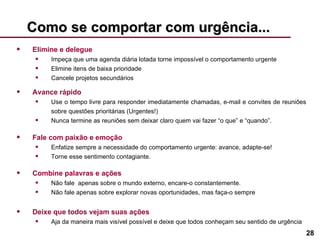 Como se comportar com urgência... Elimine e delegue Impeça que uma agenda diária lotada torne impossível o comportamento urgente Elimine itens de baixa prioridade Cancele projetos secundários Avance rápido Use o tempo livre para responder imediatamente chamadas, e-mail e convites de reuniões sobre questões prioritárias (Urgentes!) Nunca termine as reuniões sem deixar claro quem vai fazer “o que” e “quando”. Fale com paixão e emoção Enfatize sempre a necessidade do comportamento urgente: avance, adapte-se! Torne esse sentimento contagiante. Combine palavras e ações Não fale  apenas sobre o mundo externo, encare-o constantemente. Não fale apenas sobre explorar novas oportunidades, mas faça-o sempre Deixe que todos vejam suas ações Aja da maneira mais visível possível e deixe que todos conheçam seu sentido de urgência 