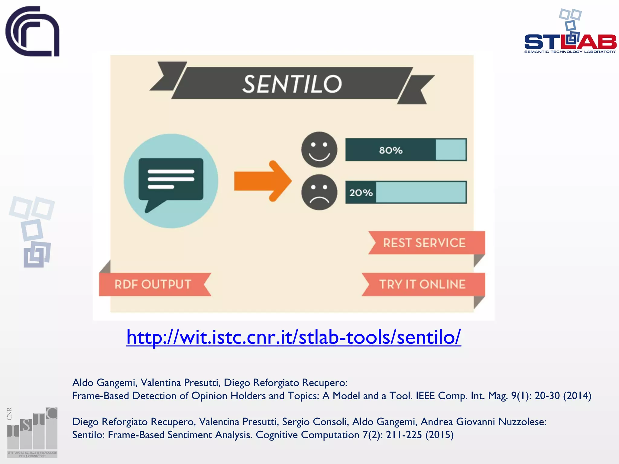 http://wit.istc.cnr.it/stlab-tools/sentilo/
Aldo Gangemi, Valentina Presutti, Diego Reforgiato Recupero:
Frame-Based Detection of Opinion Holders and Topics: A Model and a Tool. IEEE Comp. Int. Mag. 9(1): 20-30 (2014)
Diego Reforgiato Recupero, Valentina Presutti, Sergio Consoli, Aldo Gangemi, Andrea Giovanni Nuzzolese:
Sentilo: Frame-Based Sentiment Analysis. Cognitive Computation 7(2): 211-225 (2015)
 