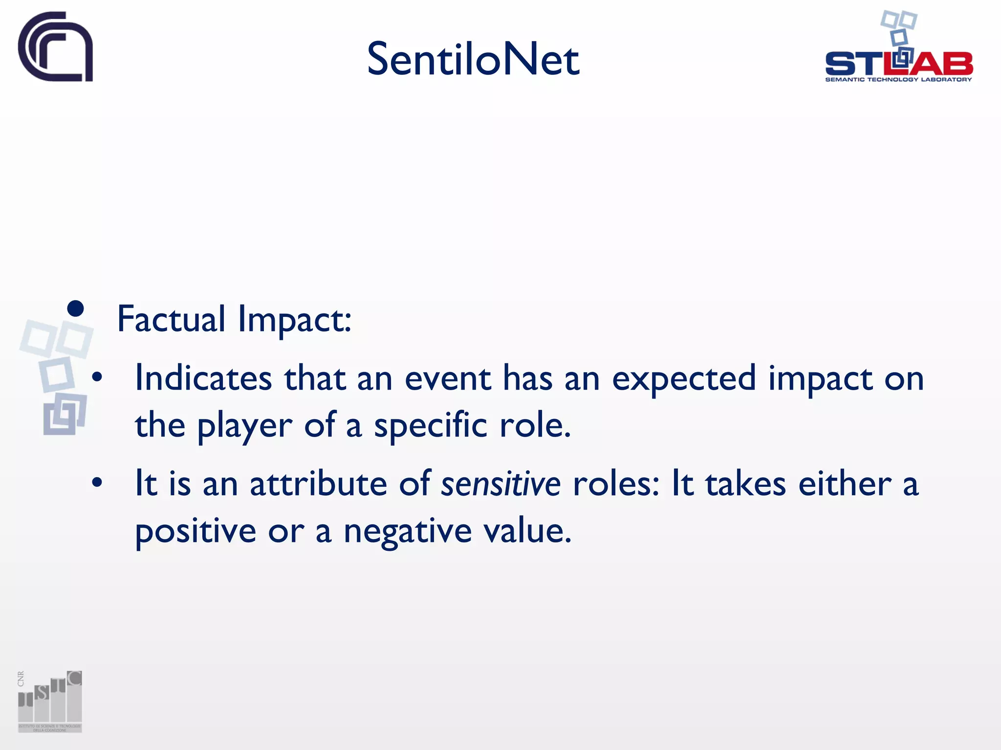 SentiloNet
• Factual Impact:
• Indicates that an event has an expected impact on
the player of a specific role.
• It is an attribute of sensitive roles: It takes either a
positive or a negative value.
 