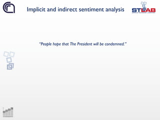 Implicit and indirect sentiment analysis
“People hope that The President will be condemned.”
 