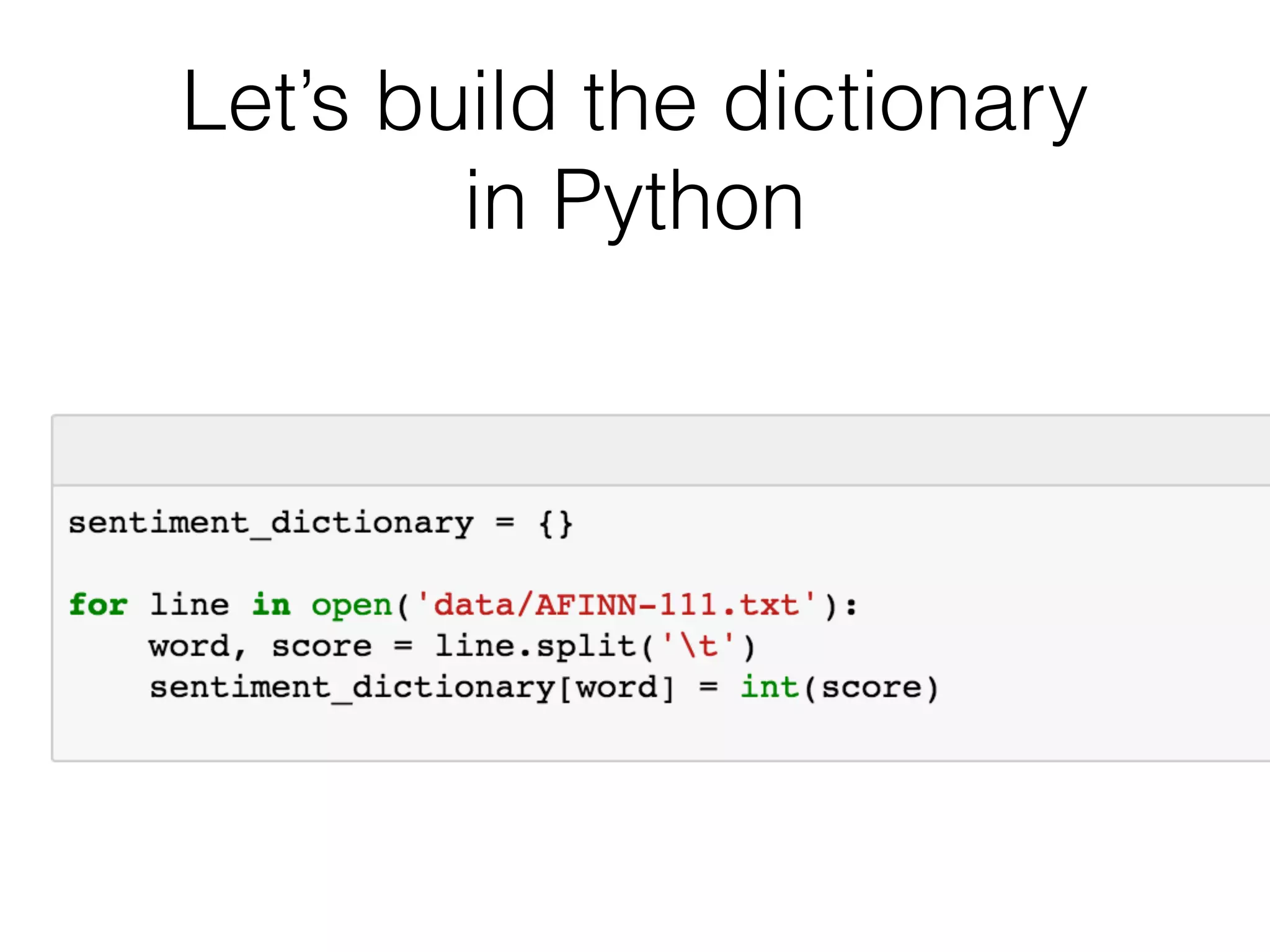 AFINN-111
• http://www2.imm.dtu.dk/pubdb/
views/publication_details.php?
id=6010
• A list of words rated between 
-5 (neg) to 5 (pos)
 