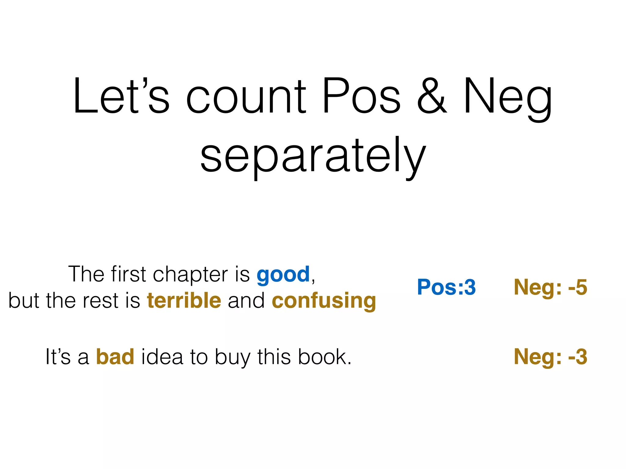 But we still miss some
information in another case
It’s a bad idea to buy this book.
Negative
Negative
The ﬁrst chapter is good, 
but the rest is terrible and confusing
At least the customer mentioned something good,
but it’s not recorded
 