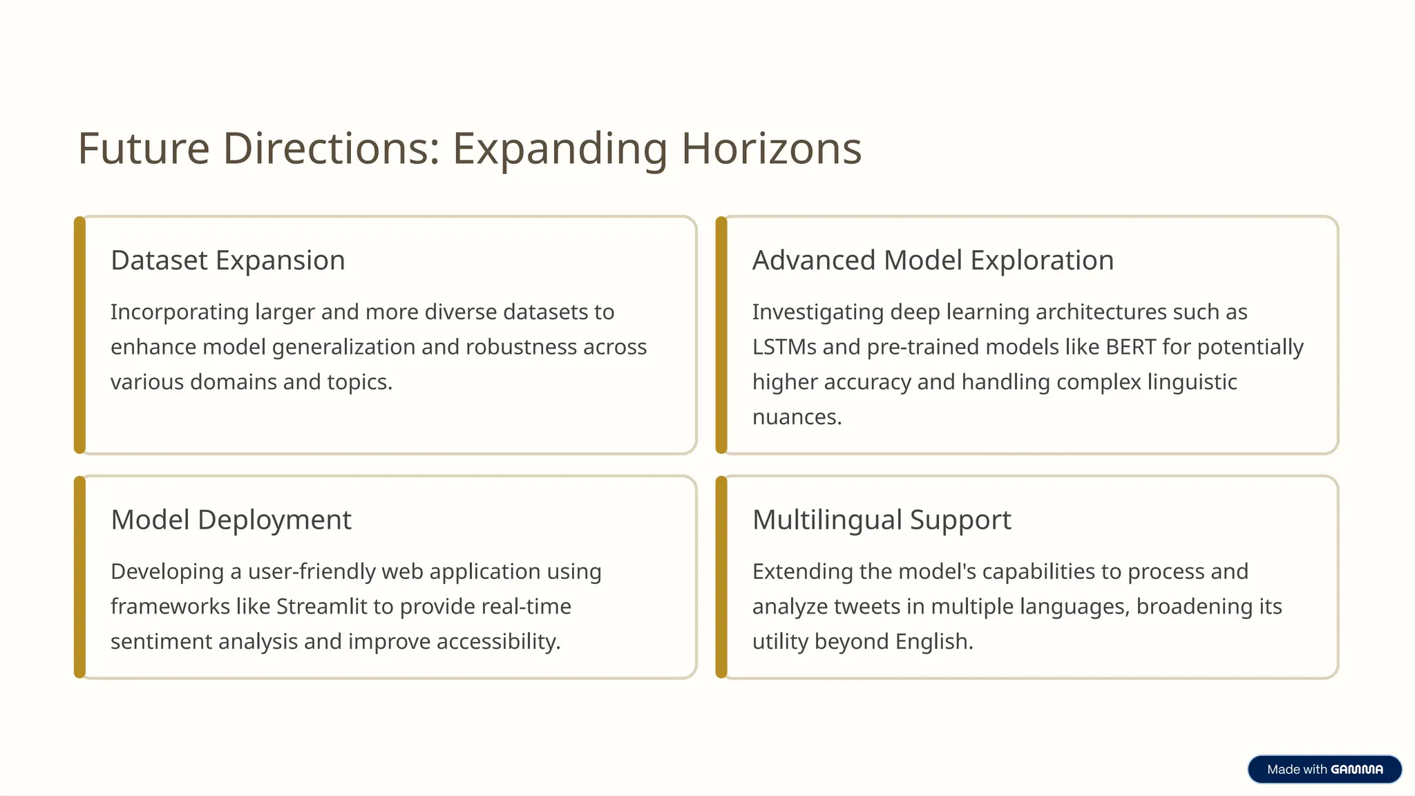 Future Directions: Expanding Horizons
Dataset Expansion
Incorporating larger and more diverse datasets to
enhance model generalization and robustness across
various domains and topics.
Advanced Model Exploration
Investigating deep learning architectures such as
LSTMs and pre-trained models like BERT for potentially
higher accuracy and handling complex linguistic
nuances.
Model Deployment
Developing a user-friendly web application using
frameworks like Streamlit to provide real-time
sentiment analysis and improve accessibility.
Multilingual Support
Extending the model's capabilities to process and
analyze tweets in multiple languages, broadening its
utility beyond English.
 