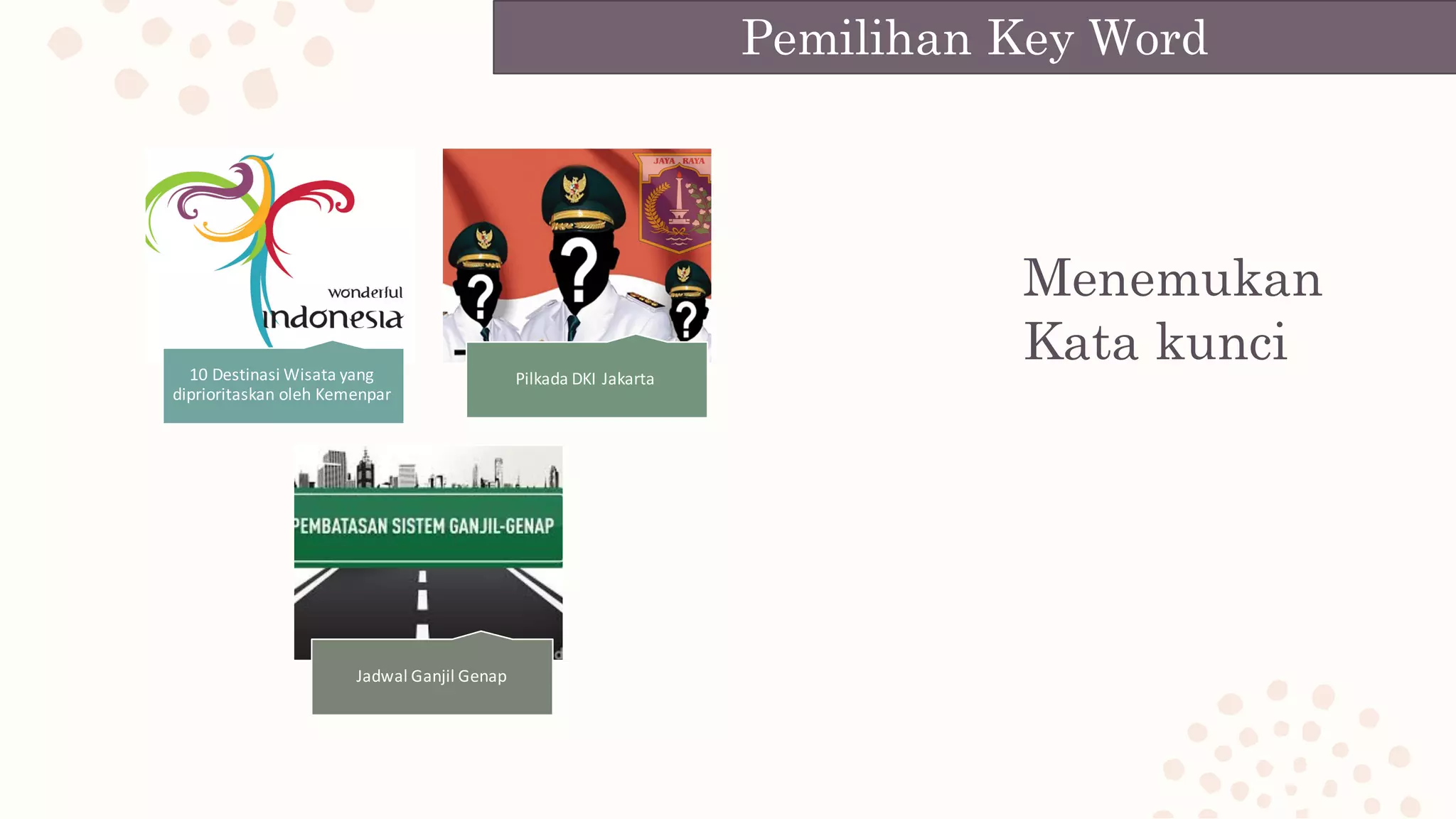 Menemukan
Kata kunci10	Destinasi Wisata yang	
diprioritaskan	oleh Kemenpar
Pilkada	DKI	Jakarta
Jadwal Ganjil Genap
Pemilihan Key Word
 