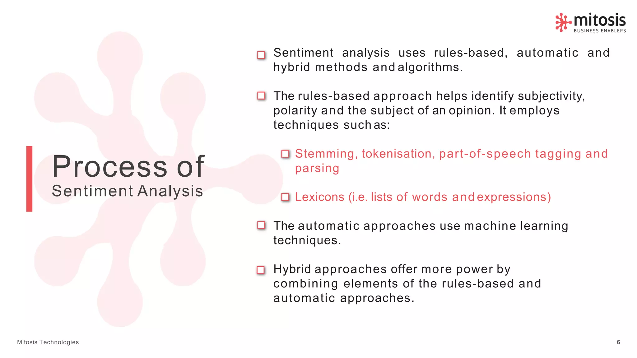 Process of
Sentiment Analysis
Sentiment analysis uses rules-based, automatic and
hybrid methods and algorithms.
The rules-based approach helps identify subjectivity,
polarity and the subject of an opinion. It employs
techniques such as:
Stemming, tokenisation, part-of-speech tagging and
parsing
Lexicons (i.e. lists of words and expressions)
The automatic approaches use machine learning
techniques.
Hybrid approaches offer more power by
combining elements of the rules-based and
automatic approaches.
Mitosis Technologies 6
 
