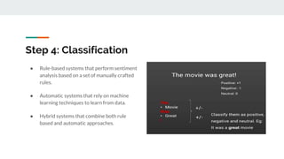 Step 4: Classification
● Rule-based systems that perform sentiment
analysis based on a set of manually crafted
rules.
● Automatic systems that rely on machine
learning techniques to learn from data.
● Hybrid systems that combine both rule
based and automatic approaches.
 