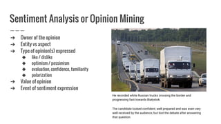 Sentiment Analysis or Opinion Mining
➔ Owner of the opinion
➔ Entity vs aspect
➔ Type of opinion(s) expressed
◆ like / dislike
◆ optimism / pessimism
◆ evaluation, confidence, familiarity
◆ polarization
➔ Value of opinion
➔ Event of sentiment expression
He recorded white Russian trucks crossing the border and
progressing fast towards Białystok.
The candidate looked confident, well prepared and was even very
well received by the audience, but lost the debate after answering
that question.
 