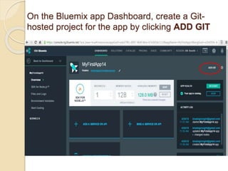 On the Bluemix app Dashboard, create a Git-
hosted project for the app by clicking ADD GIT
 