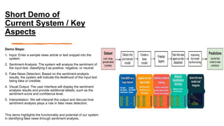 Short Demo of
Current System / Key
Aspects
Demo Steps:
1. Input: Enter a sample news article or text snippet into the
system.
2. Sentiment Analysis: The system will analyze the sentiment of
the input text, classifying it as positive, negative, or neutral.
3. Fake News Detection: Based on the sentiment analysis
results, the system will indicate the likelihood of the input text
being fake or credible.
4. Visual Output: The user interface will display the sentiment
analysis results and provide additional details, such as the
sentiment score and confidence level.
5. Interpretation: We will interpret the output and discuss how
sentiment analysis plays a role in fake news detection.
This demo highlights the functionality and potential of our system
in identifying fake news through sentiment analysis.
 