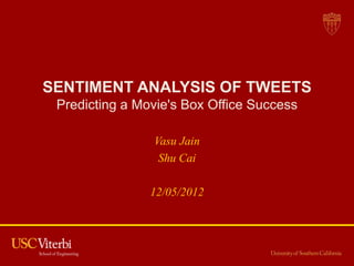 SENTIMENT ANALYSIS OF TWEETS
 Predicting a Movie's Box Office Success

                Vasu Jain
                 Shu Cai

                12/05/2012
 