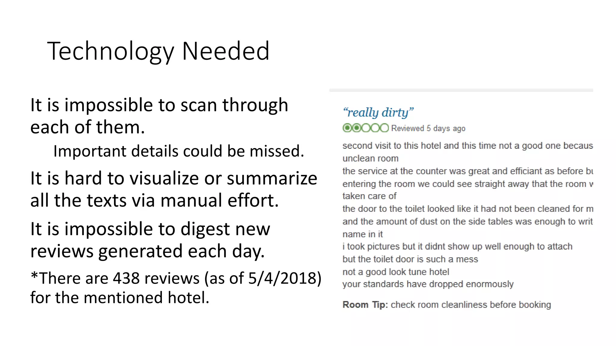 Technology Needed
It is impossible to scan through
each of them.
Important details could be missed.
It is hard to visualize or summarize
all the texts via manual effort.
It is impossible to digest new
reviews generated each day.
*There are 438 reviews (as of 5/4/2018)
for the mentioned hotel.
 