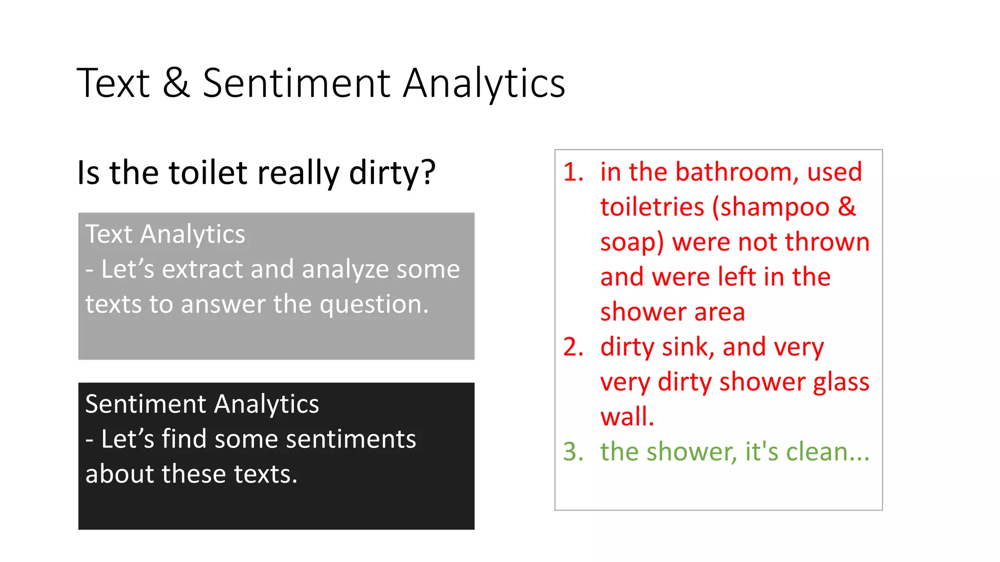 Text & Sentiment Analytics
Is the toilet really dirty?
Text Analytics
- Let’s extract and analyze some
texts to answer the question.
1. in the bathroom, used
toiletries (shampoo &
soap) were not thrown
and were left in the
shower area
2. dirty sink, and very
very dirty shower glass
wall.
3. the shower, it's clean...
Sentiment Analytics
- Let’s find some sentiments
about these texts.
 