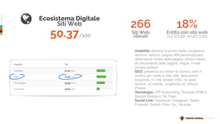 ©TravelAppeal
INDEX
Ecosistema Digitale
Siti Web
50.37/100
266
Siti Web
rilevati
18%
Entità con sito web
sul totale analizzato
Usabilità: dominio di primo livello, lunghezza
dominio, favicon, pagina 404 personalizzata,
dimensione media delle pagine, tempo medio
di caricamento delle pagine, lingue, e-mail
privacy protect
SEO: presenza sui motori di ricerca, rank in
ricerca per nome e città, title, description,
keywords, h1 title, broken links, no www
resolve, url rewrite, lunghezza url, utilizzo
iFrame
Tecnologia: UTF-8 encoding, Doctype HTML5,
Google Analytics, No Flash
Social Link: Facebook, Instagram, Twitter,
Pinterest, Tumblr, Flickr, G+, Youtube
 