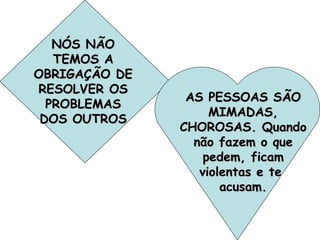 NÓS NÃO TEMOS A OBRIGAÇÃO DE RESOLVER OS PROBLEMAS DOS OUTROS AS PESSOAS SÃO MIMADAS, CHOROSAS. Quando não fazem o que pedem, ficam violentas e te  acusam. 