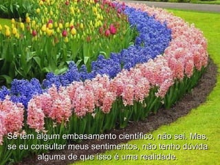 Se tem algum embasamento científico, não sei. Mas,Se tem algum embasamento científico, não sei. Mas,
se eu consultar meus sentimentos, não tenho dúvidase eu consultar meus sentimentos, não tenho dúvida
alguma de que isso é uma realidade.alguma de que isso é uma realidade.
 