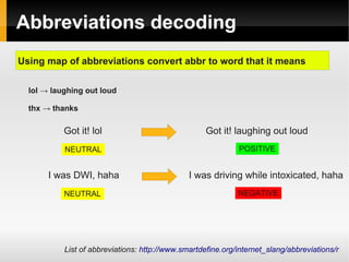 Abbreviations decoding 
Using map of abbreviations convert abbr to word that it means 
lol → laughing out loud 
thx → thanks 
Got it! lol Got it! laughing out loud 
NEUTRAL POSITIVE 
I was DWI, haha I was driving while intoxicated, haha 
NEUTRAL NEGATIVE 
List of abbreviations: http://www.smartdefine.org/internet_slang/abbreviations/r 
 