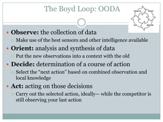 The Boyd Loop: OODA


 Observe: the collection of data
   Make use of the best sensors and other intelligence available
...