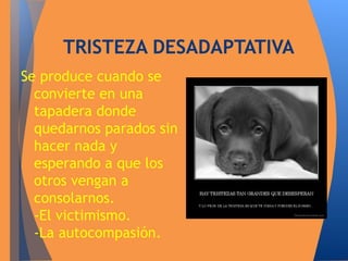 TRISTEZA DESADAPTATIVA 
Se produce cuando se 
convierte en una 
tapadera donde 
quedarnos parados sin 
hacer nada y 
esperando a que los 
otros vengan a 
consolarnos. 
-El victimismo. 
-La autocompasión. 
 