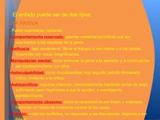 El enfado puede ser de dos tipos: 
IRA PASIVA 
Puede expresarse mediante: 
•Comportamiento reservado: guardar comentarios/críticas que son 
expresados a las espaldas de la gente. 
•Ineficacia: bajo rendimiento, llevar al fracaso a uno mismo y a los demás, 
frustración por cosas insignificantes. 
•Manipulación mental: como provocar la gente a la agresión y, a continuación 
ser condescendiente con ellos. 
•Autoculpabilidad: como disculpándose muy seguido, siendo demasiado 
crítico, invitando a la crítica. 
•Autosacrificio: segunda intención, silenciosamente haciendo señas de largo 
sufrimiento pero negándose a que le ayuden, o mendigando 
agradecimiento. 
•Comportamiento obsesivo: como la necesidad de ser limpio y ordenado, 
haciendo un hábito de constante control de las cosas. 
•Evasión: evitar los conflictos, no responder a las discusiones, llegando a ser 
fóbico 
 