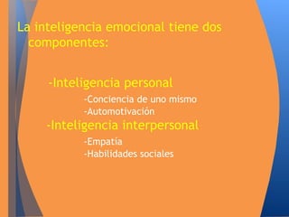 La inteligencia emocional tiene dos 
componentes: 
-Inteligencia personal 
-Conciencia de uno mismo 
-Automotivación 
-Inteligencia interpersonal 
-Empatía 
-Habilidades sociales 
 
