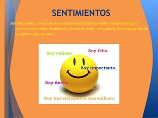 SENTIMIENTOS 
Son emociones o impulsos de la sensibilidad hacia lo sentido o imaginado como 
bueno o como malo. Responden a frases de éstas: me gustaría, no tengo ganas, no 
la soporto, me cae bien... 
 
