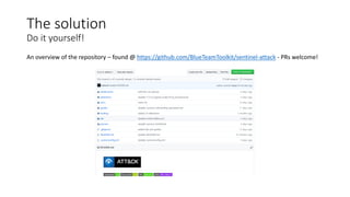 The solution
Do it yourself!
An overview of the repository – found @ https://github.com/BlueTeamToolkit/sentinel-attack - PRs welcome!
 