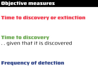 Time to discovery or extinction
Frequency of detection
Time to discovery
. . given that it is discovered
Objective measures
 