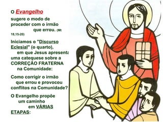 O  Evangelho   sugere o modo de  proceder com o irmão  que errou.  (Mt 18,15-20) Iniciamos o " Discurso Eclesial " (o quarto),  em que Jesus apresenta  uma catequese sobre a CORREÇÃO FRATERNA  na Comunidade:  Como corrigir o irmão  que errou e provocou conflitos na Comunidade?  O Evangelho propõe  um caminho  em  VÁRIAS ETAPAS : 