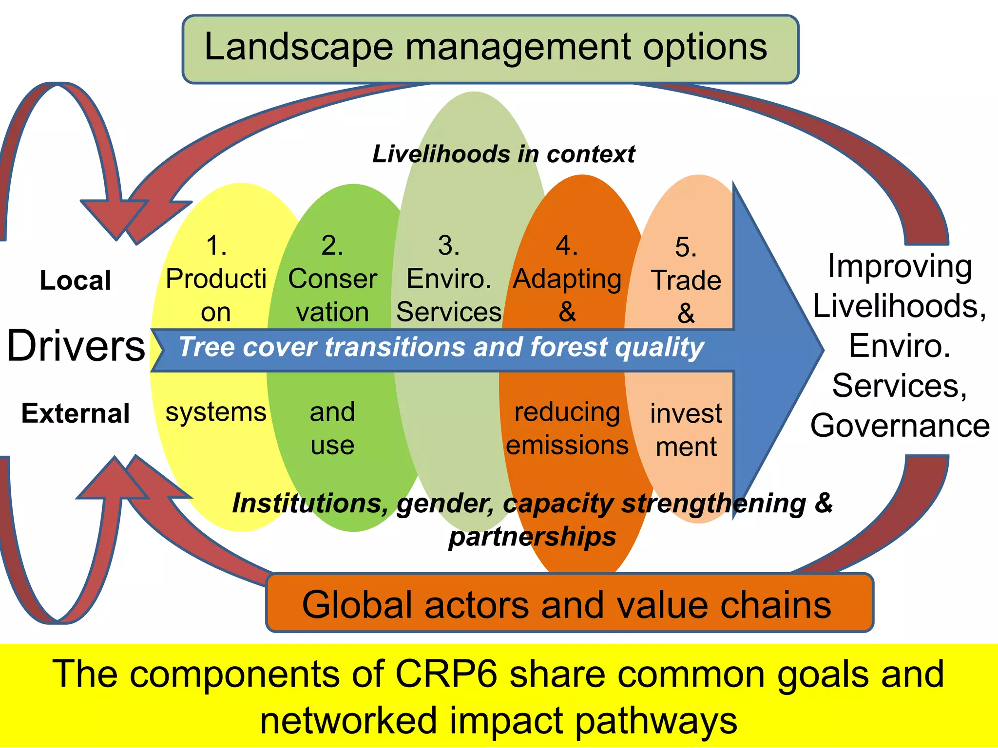 Landscape management options

                           Livelihoods in context


              1.       2.       3.       4.       5.
 Local     Producti Conser Enviro. Adapting Trade           Improving
              on    vation Services      &         &       Livelihoods,
Drivers     Tree cover transitions and forest quality
                       ilding                                 Enviro.
                                                             Services,
External   systems   and               reducing invest
                                                           Governance
                     use              emissions ment

               Institutions, gender, capacity strengthening &
                                partnerships

                     Global actors and value chains
  The components of CRP6 share common goals and
            networked impact pathways
 