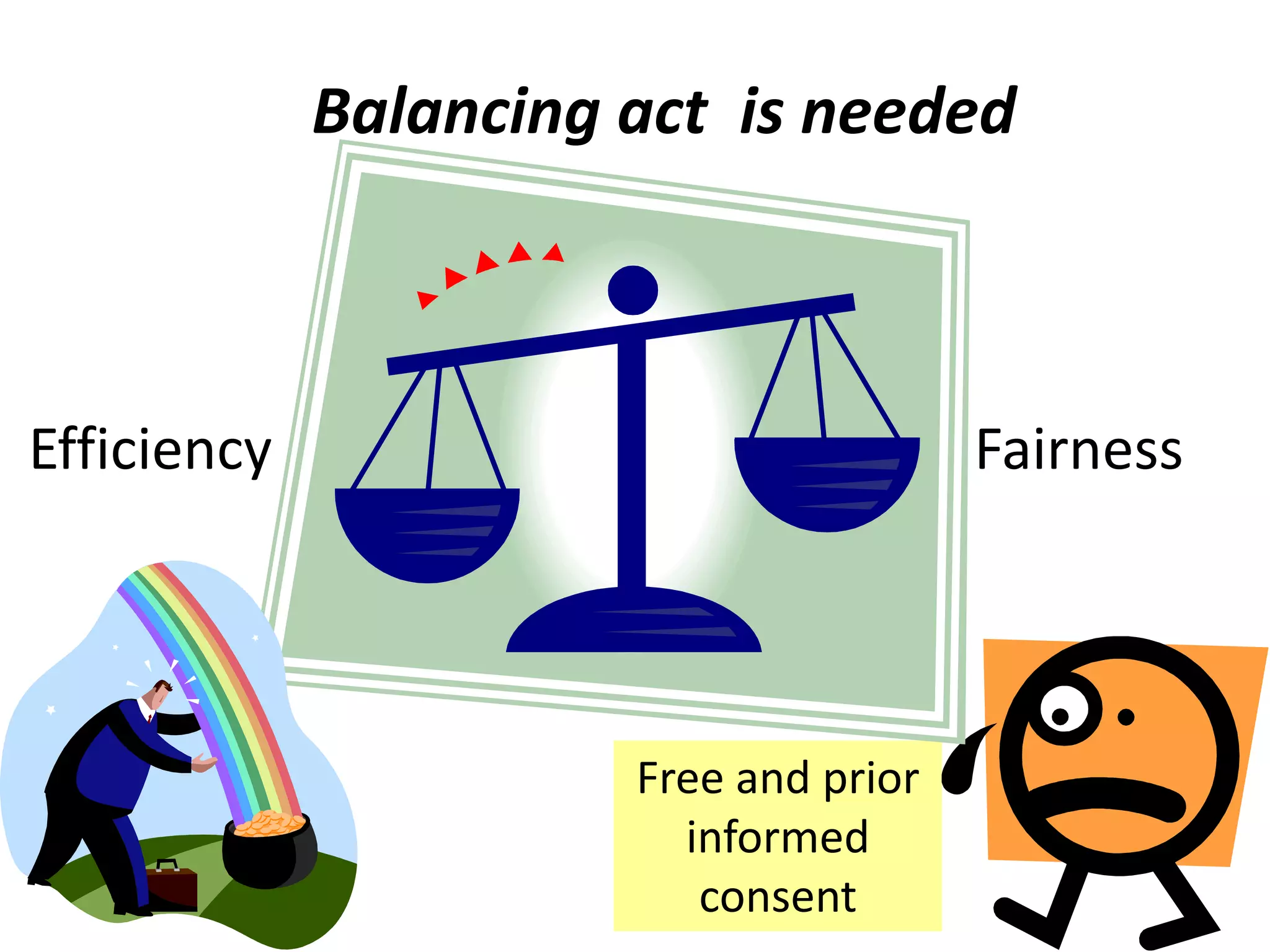 Balancing act is needed



Efficiency                              Fairness




                       Free and prior
                         informed
                          consent
 