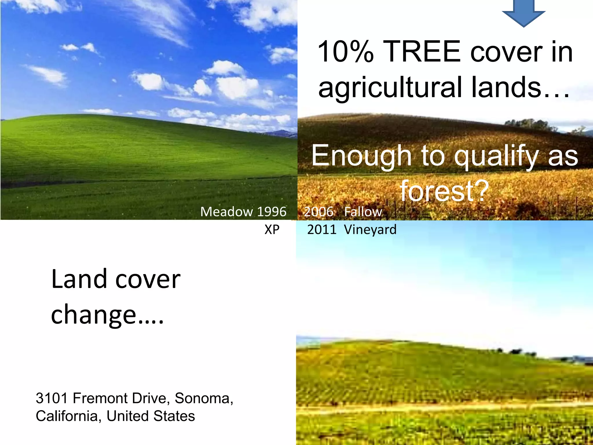 10% TREE cover in
                                     agricultural lands…

                                    Enough to qualify as
                                         forest?
                      Meadow 1996   2006 Fallow
                              XP    2011 Vineyard


  Land cover
  change….

3101 Fremont Drive, Sonoma,
California, United States
 