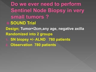  SOUND Trial
Design; Tumor<2cm,any age, negative axilla
Randomized into 2 groups
1. SN biopsy +/- ALND 780 patients
2. Observation 780 patients
 