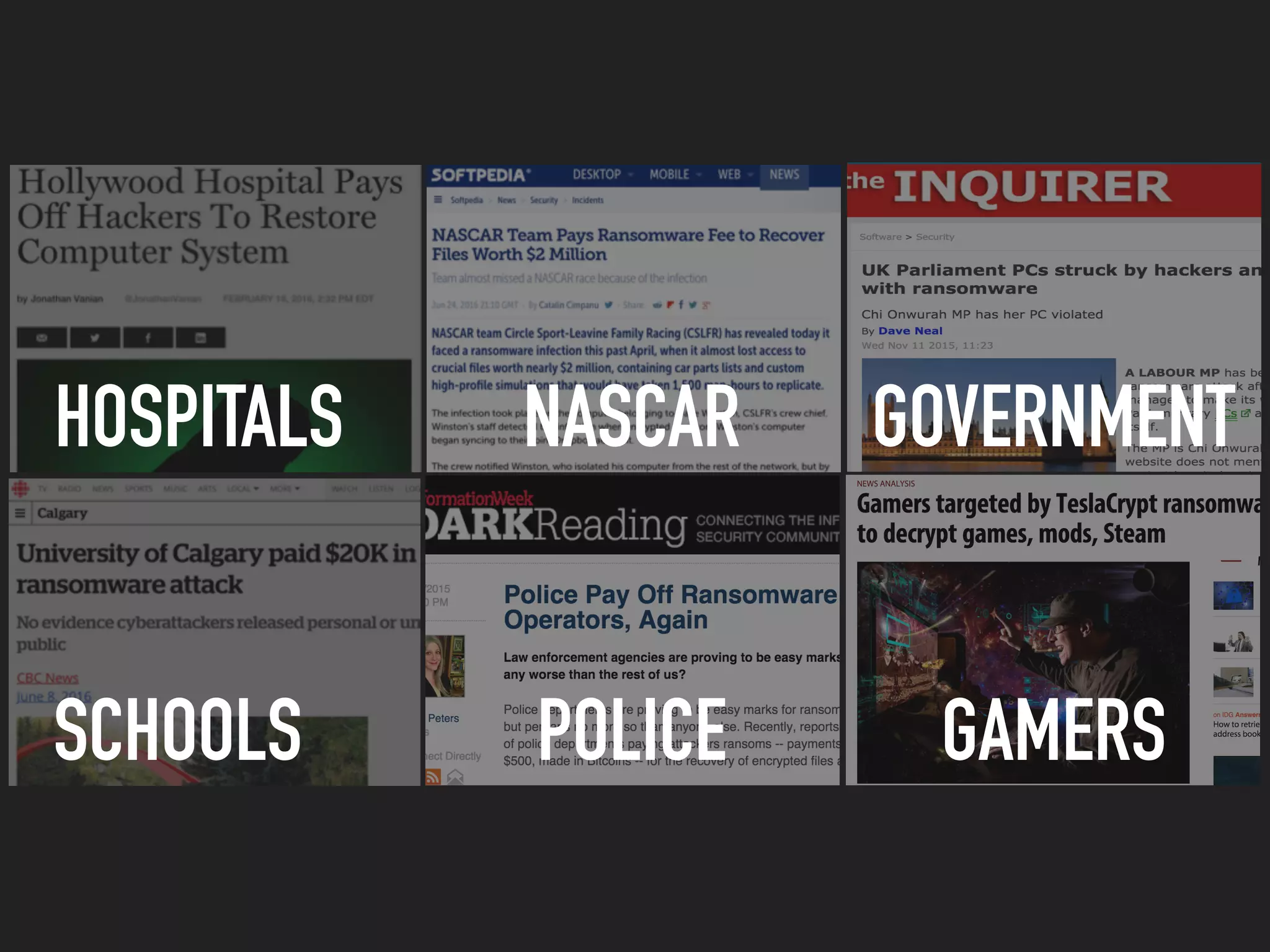 HOSPITALS NASCAR GOVERNMENT
SCHOOLS POLICE GAMERS
 