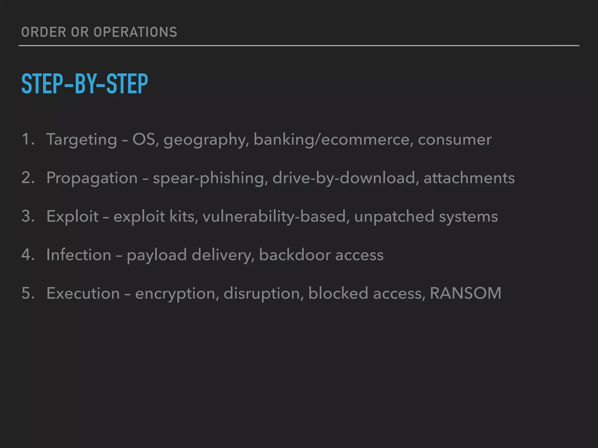 ORDER OR OPERATIONS
STEP-BY-STEP
1. Targeting – OS, geography, banking/ecommerce, consumer
2. Propagation – spear-phishing, drive-by-download, attachments
3. Exploit – exploit kits, vulnerability-based, unpatched systems
4. Infection – payload delivery, backdoor access
5. Execution – encryption, disruption, blocked access, RANSOM
 