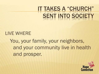 IT TAKES A “CHURCH”
SENT INTO SOCIETY
LIVE WHERE
You, your family, your neighbors,
and your community live in health
and prosper.
 